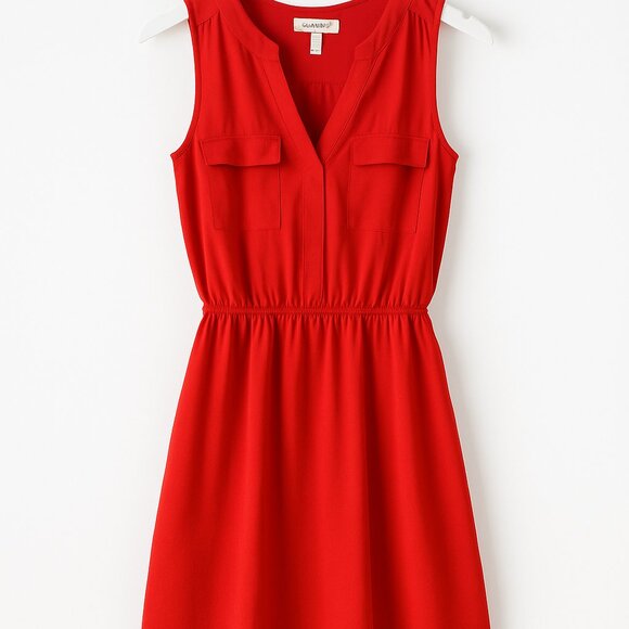 Cherry Red Dress W/pockets Tapered Waist, Contemporary Momcore,festival - Picture 3 of 15